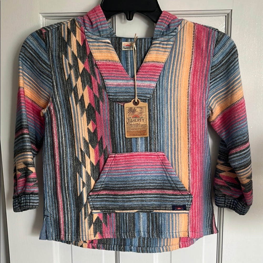 Faherty Pink and Blue Baja Hoodie with V-Neck and Hood